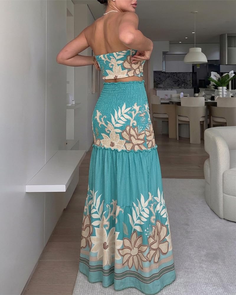 CHICME Floral Vacation Dress Halter Tie Ruched Womens Maxi Dress | Sleeveless Slim Dress, 3-Way Tie: Halter, Bow or Strapless,Ruffle Mermaid Hem for Party,Vacation,Wedding Guest