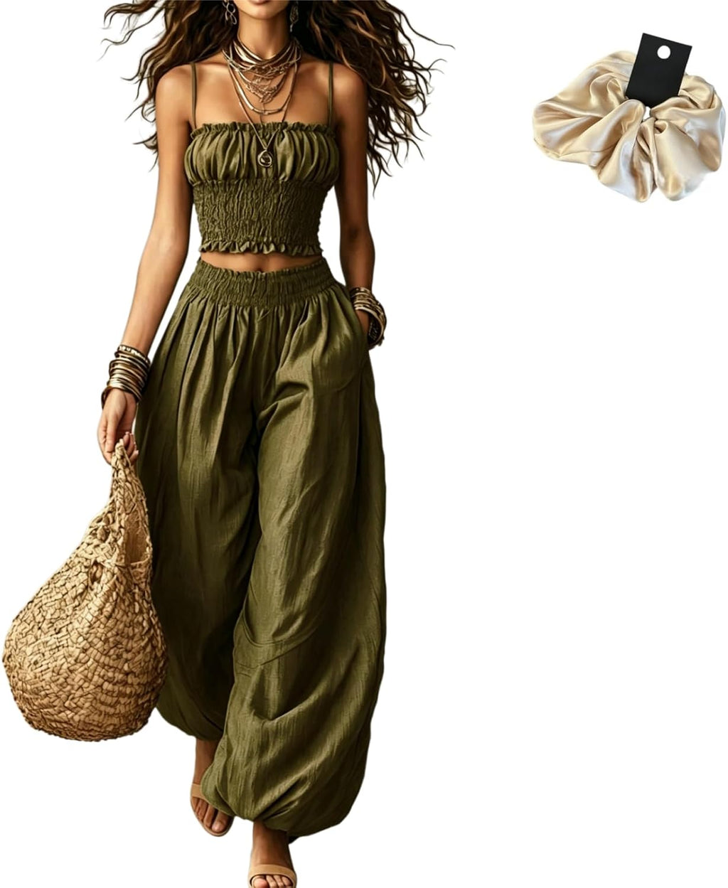 2 Piece Outfit for Women Sleeveless Crop Top and Wide Leg Pants Set Summer Loose Smocked Casual Beach Matching Sets