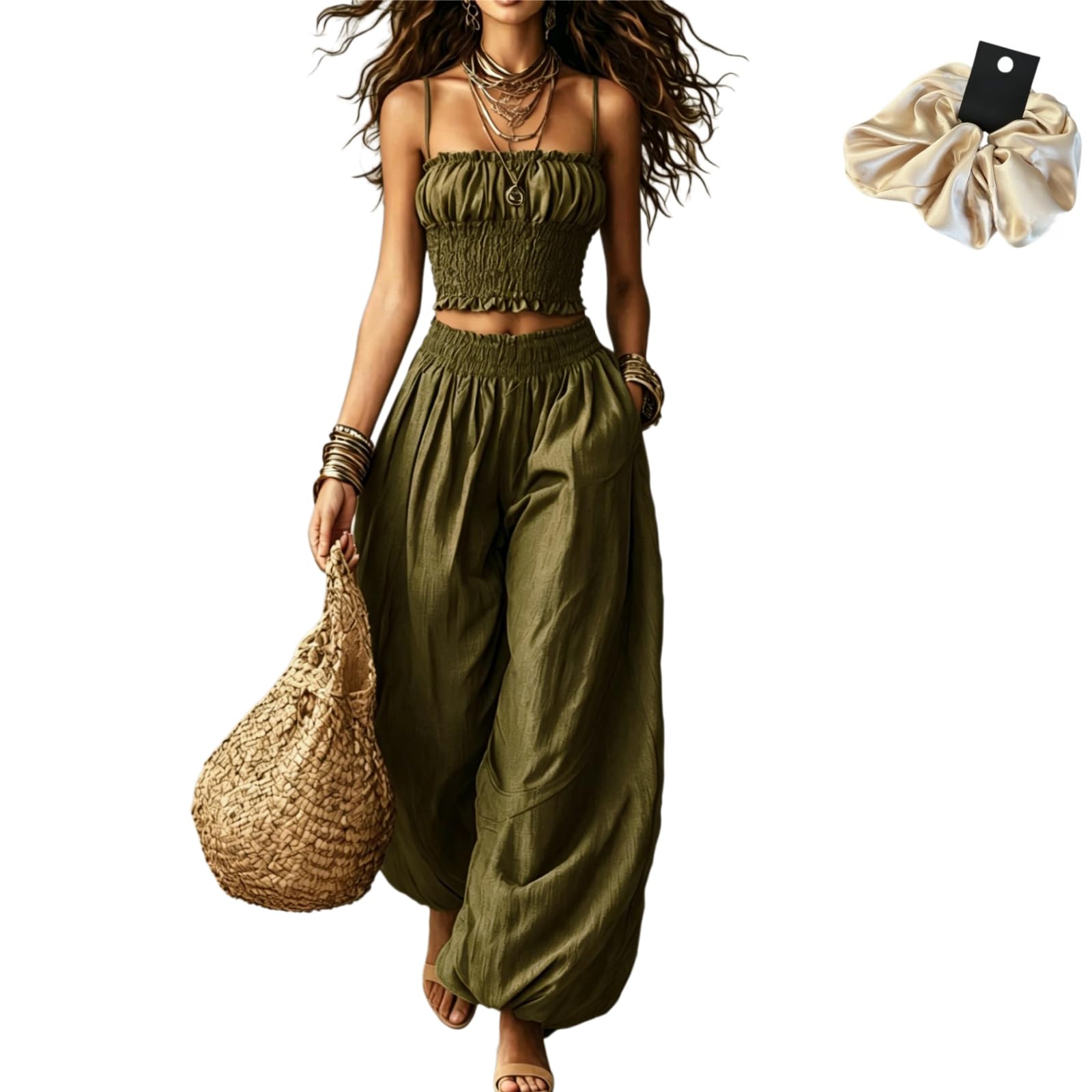 2 Piece Outfit for Women Sleeveless Crop Top and Wide Leg Pants Set Summer Loose Smocked Casual Beach Matching Sets