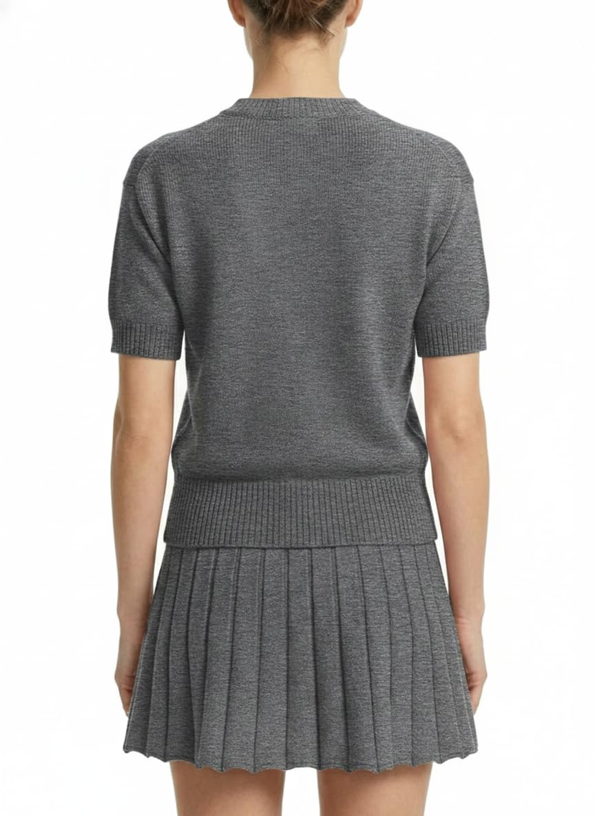 Womens 2 Piece Outfits 2026 Short Sleeve Crewneck Knit Tops And Pleated Mini Skirt Two Piece Sets