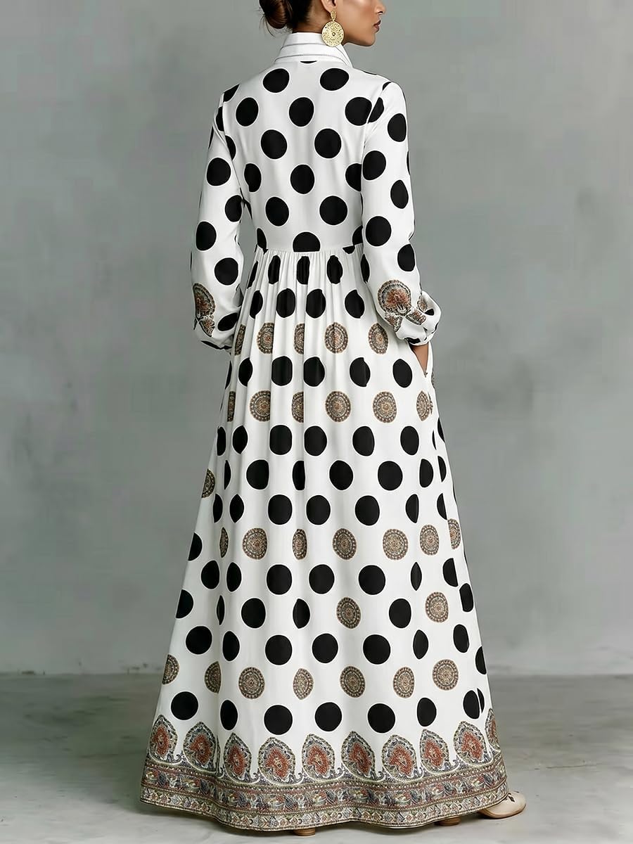 Women's Maxi Shirt Dresses Long Sleeve Button Down Dress with Pockets | Black and White Polka Dot Dress with Stand Collar Button Down Ethnic Trim Boho A-Line Flowy Casual Beach Vacation Dresses