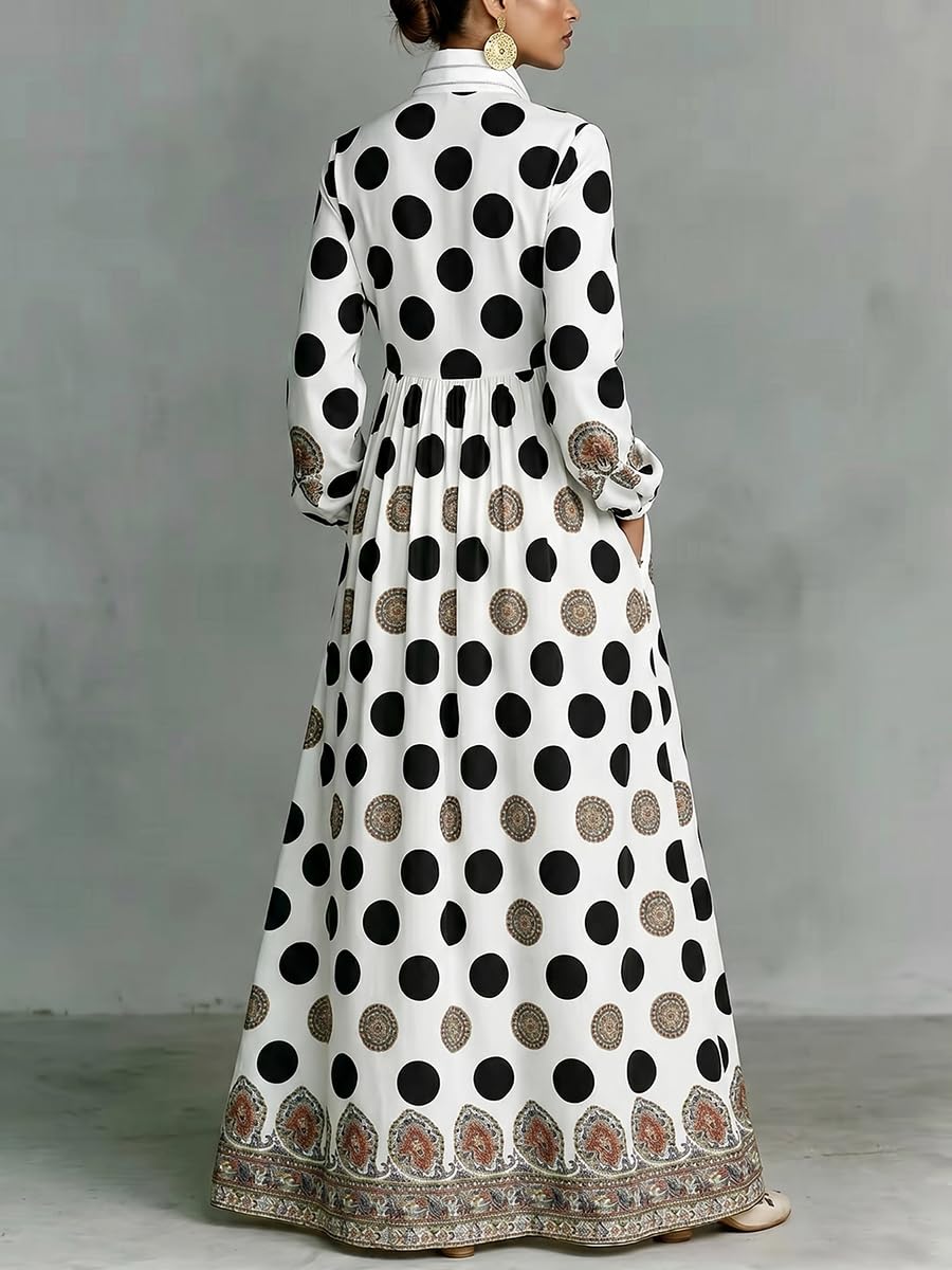 Women's Maxi Shirt Dresses Long Sleeve Button Down Dress with Pockets | Black and White Polka Dot Dress with Stand Collar Button Down Ethnic Trim Boho A-Line Flowy Casual Beach Vacation Dresses