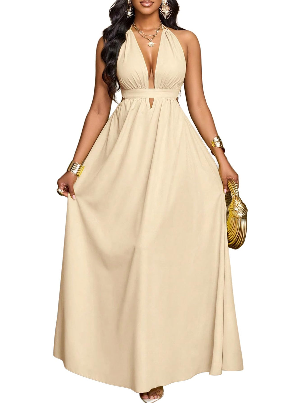 SKAYS Women's Summer Backless Tie-Waist Dress Solid Color Sexy V-Neck Beach Vacation Maxi Dress Formal Party Dress