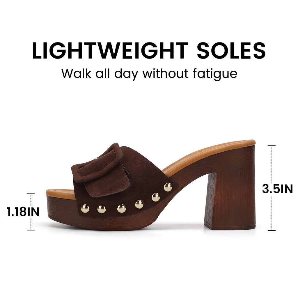 VICKI·VICKI Women's Platform Mules Suede Buckle Sandals, Sexy Open Toe High Chunky Block Heel Clogs, Retro Studded Summer Dress Slides