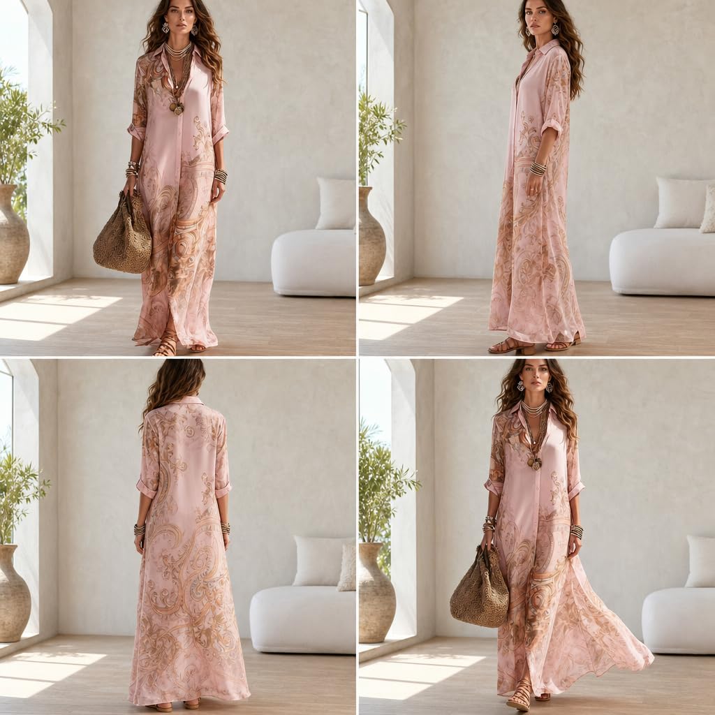 Women's Baroque Print Maxi Shirt Dress V Neck 3/4 Sleeve Button Down Flowy Casual Loose Boho Long Dress