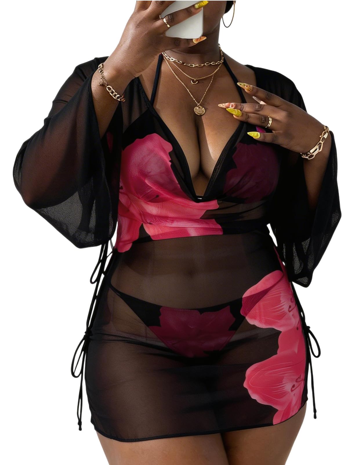 Women's Plus Size Halter String Triangle Bikini Sets 3 Piece Swimsuits with Side Ruched Drawstring Cover Up