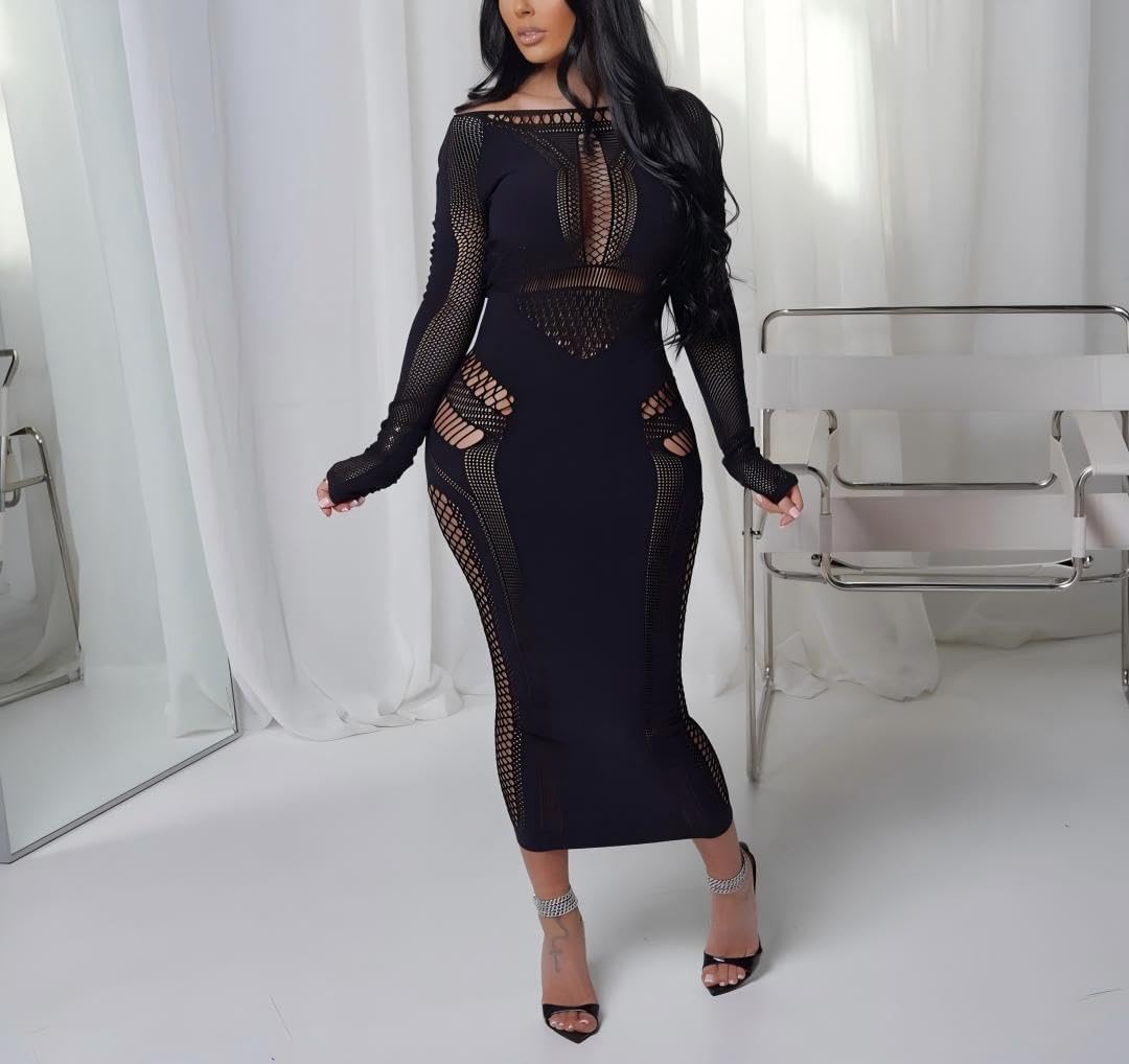 Womens Mesh Bodycon Midi Dress | Stretchy Cutout,Long Sleeve See Through, Suitable For Nightclub, Cocktail Party And Evening Events