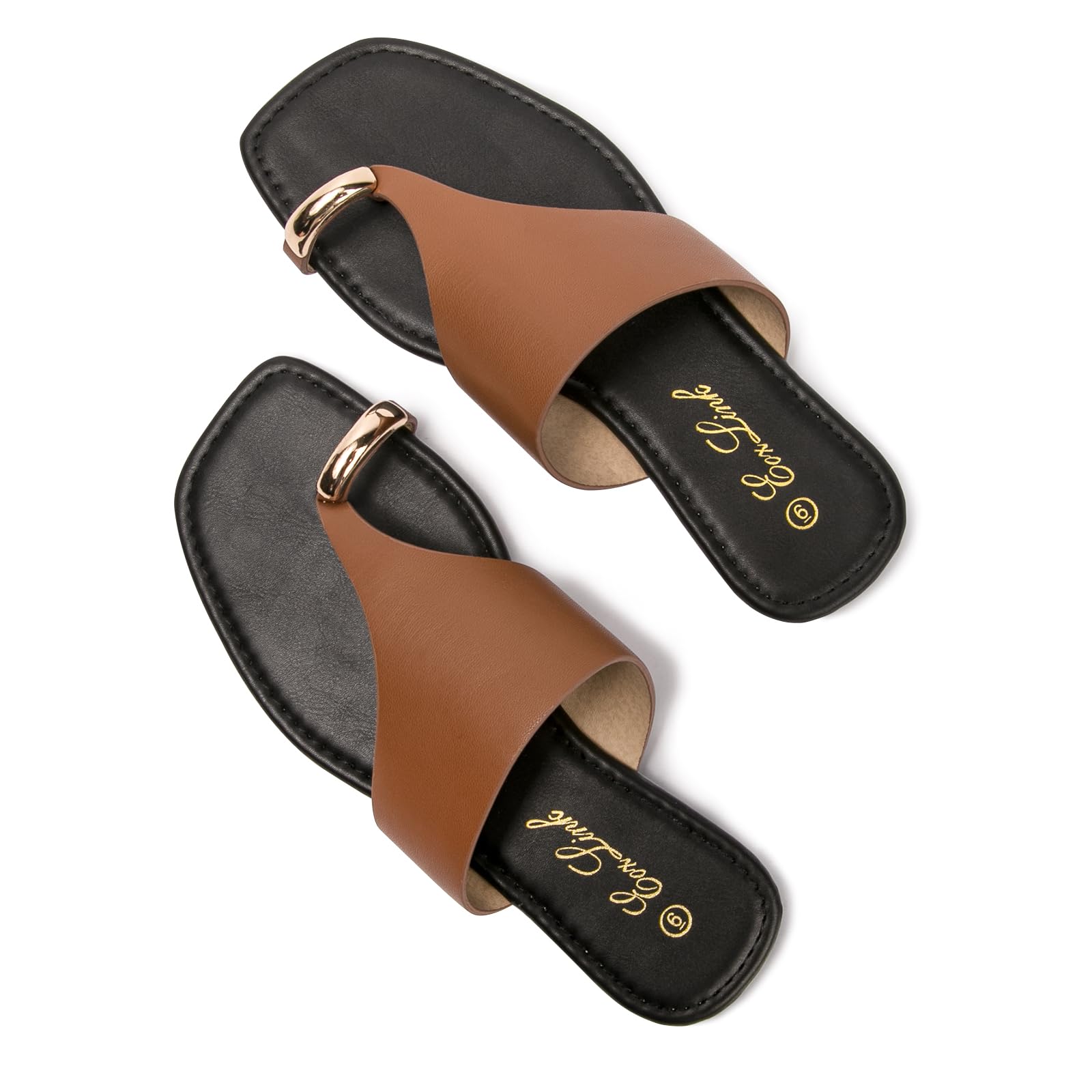 Eozlink Women's Toe Ring Flat Sandals, Slip On Dressy Summer Slides | PU Upper with Square Toe and Metal Accent for Resort and Casual Outfits