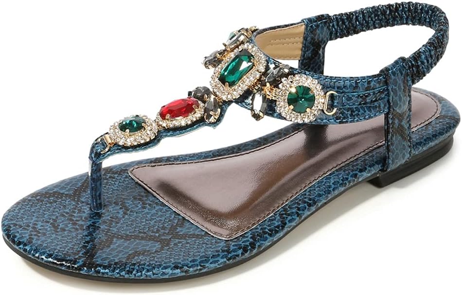 MIOKE Women's Bohemia Bling Jeweled Flat Sandals T-strap Clip Toe Cutout Slingback Summer Beach Flipflops