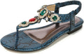MIOKE Women's Bohemia Bling Jeweled Flat Sandals T-strap Clip Toe Cutout Slingback Summer Beach Flipflops