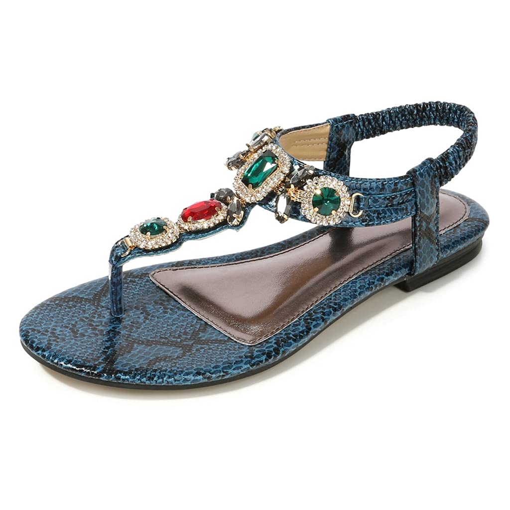 MIOKE Women's Bohemia Bling Jeweled Flat Sandals T-strap Clip Toe Cutout Slingback Summer Beach Flipflops