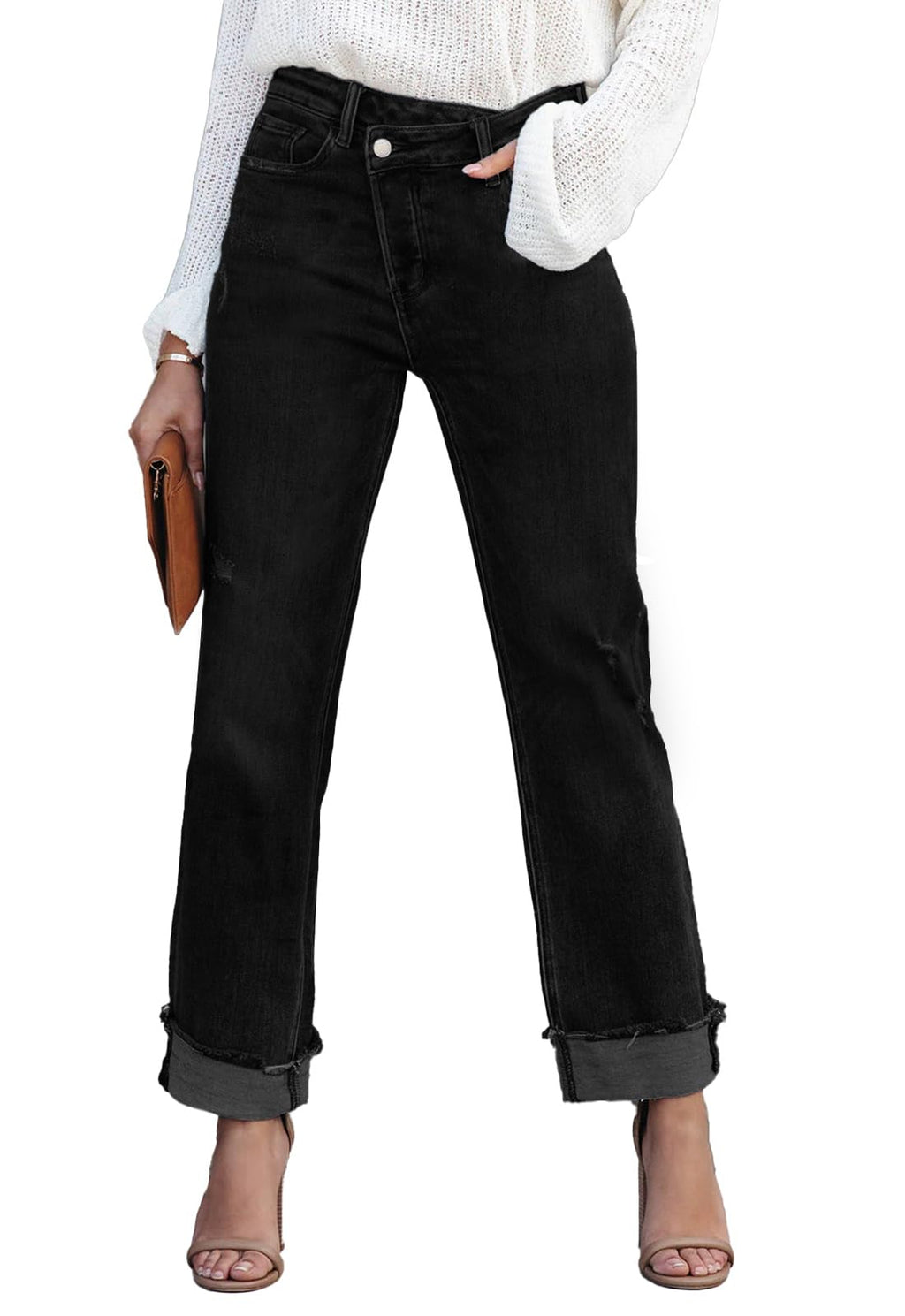 Metietila Jeans for Women Trendy High Waisted Corssover Boyfriend Jeans Distressed Stretchy Denim Pants
