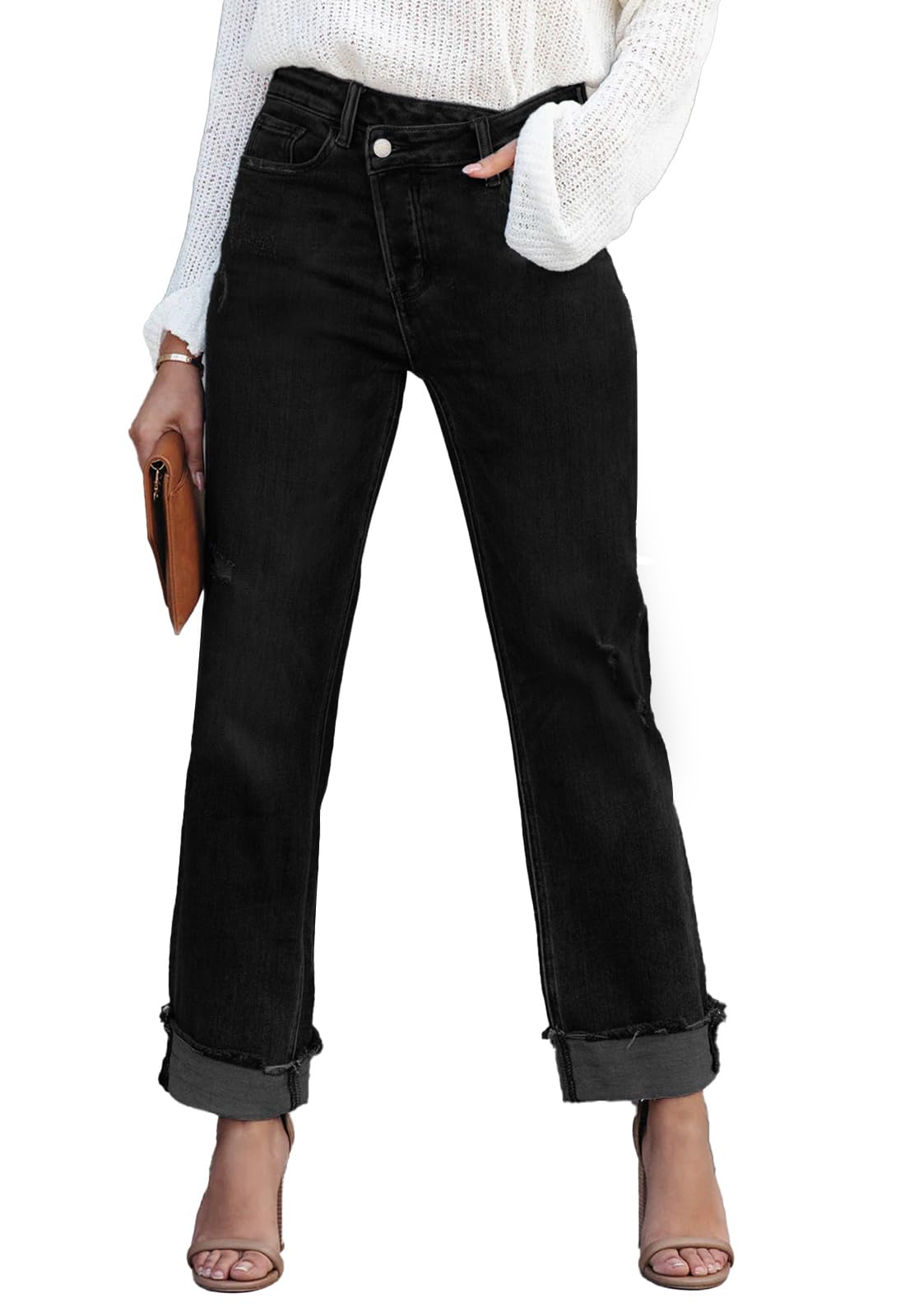 Metietila Jeans for Women Trendy High Waisted Corssover Boyfriend Jeans Distressed Stretchy Denim Pants