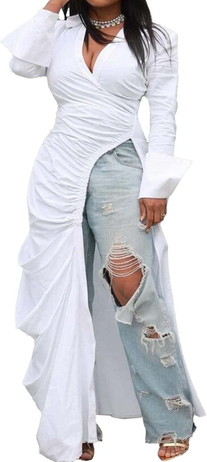 Women's Button Down Shirt Dress High Low Irregular Hem Top | Deep V Neck, Ruched, Long Sleeve, Side Split, Asymmetrical Irregular Hem Casual High Low Tops Blouse