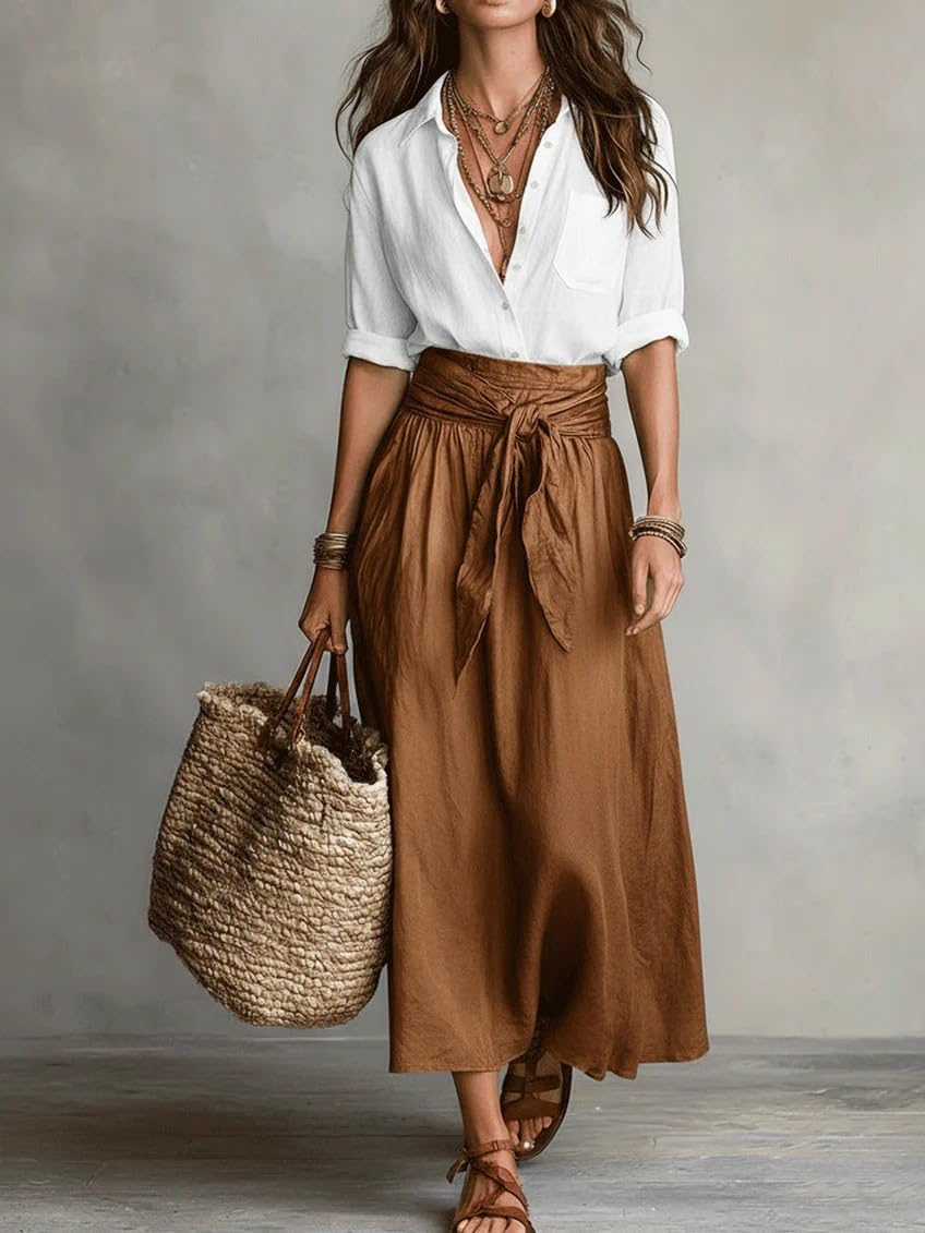 Women Boho Contrast 2 Piece Outfit, Long Sleeve Button Down Shirt & Tie Waist Flowy Midi Skirt Casual Vacation Set