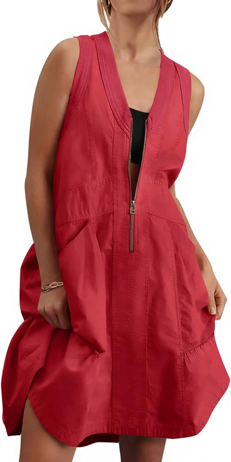 Fisoew Women's Sleeveless Tank Half Zip V Neck Mesh Back Mini Dresses | Casual, Loose Fit, Utility, Summer, With Pockets