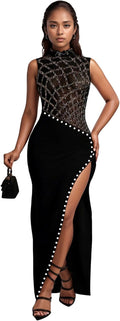 PORRCEY Women's Sexy Rhinestone Mesh See Through Party Night Prom Dress
