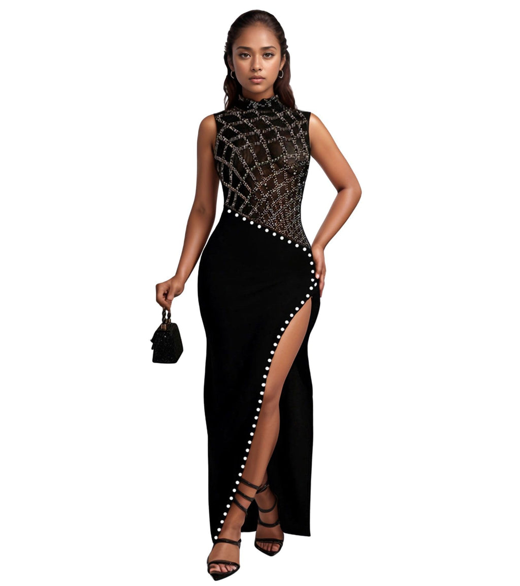 PORRCEY Women's Sexy Rhinestone Mesh See Through Party Night Prom Dress