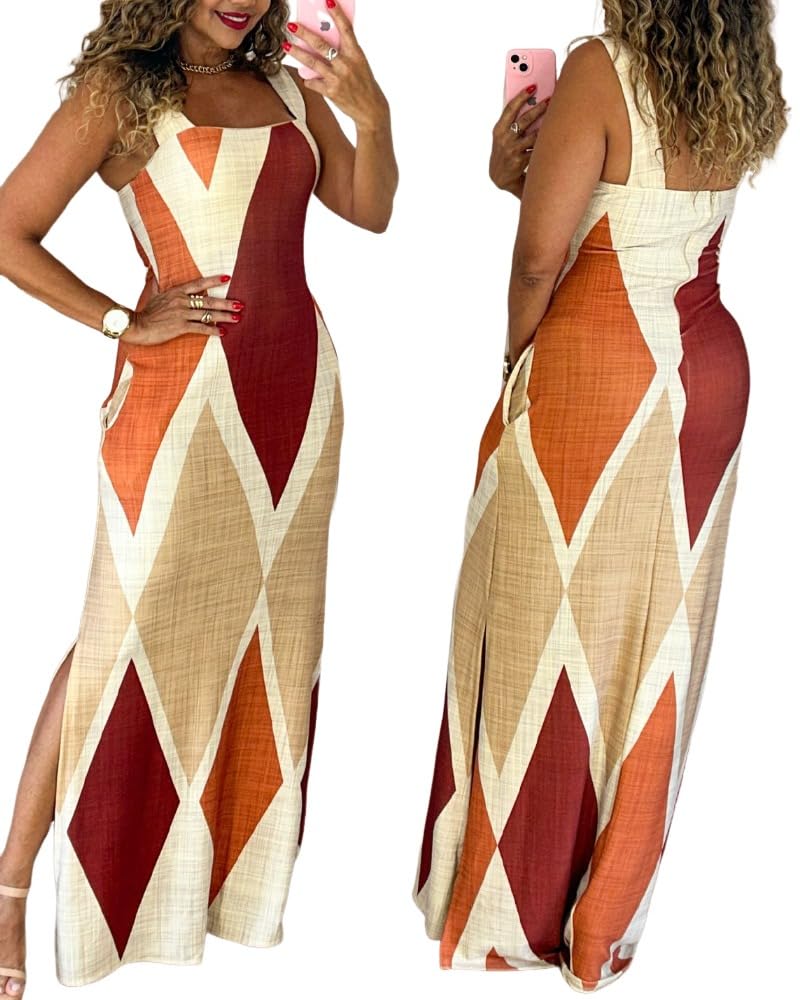 CHICME Maxi Dresses for Women Strap Square Boho Dress | Thick Strap Sundresses for Women, Split Summer Dress with Pockets, Travel, Vacation, Beach Dress Cruise 2026