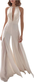 Womens Summer Casual Jumpsuits Sexy Deep V Neck Sleeveless Halter One Piece Pants Backless High Waist Wide Leg Romper