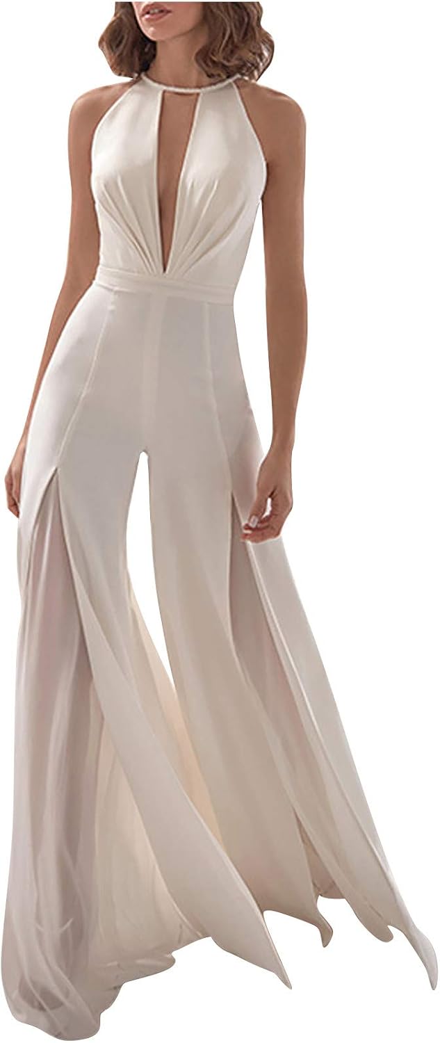 Womens Summer Casual Jumpsuits Sexy Deep V Neck Sleeveless Halter One Piece Pants Backless High Waist Wide Leg Romper