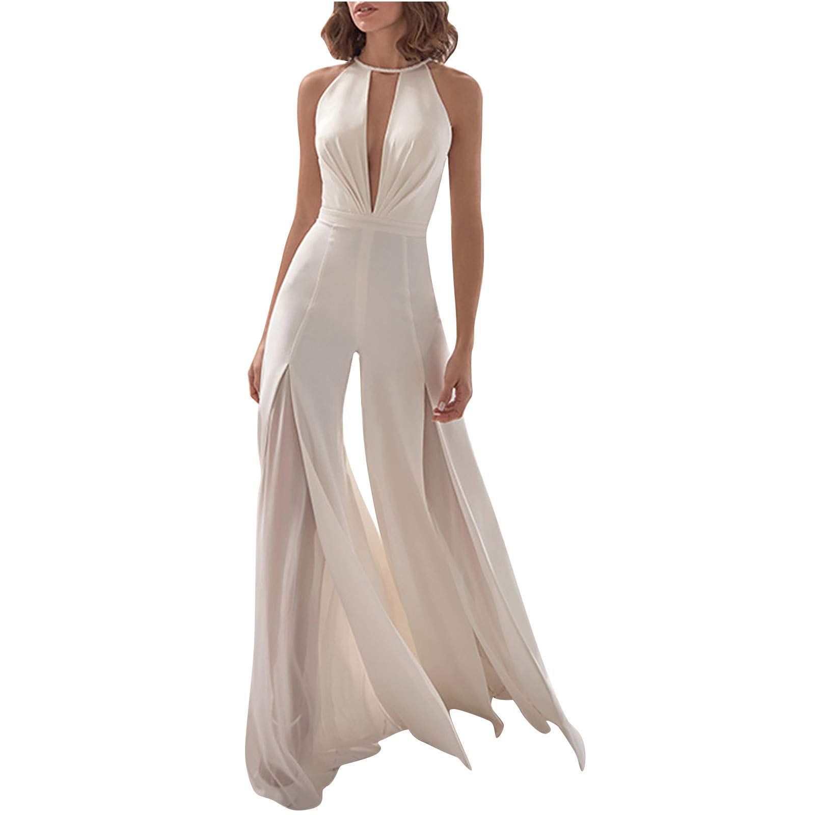 Womens Summer Casual Jumpsuits Sexy Deep V Neck Sleeveless Halter One Piece Pants Backless High Waist Wide Leg Romper