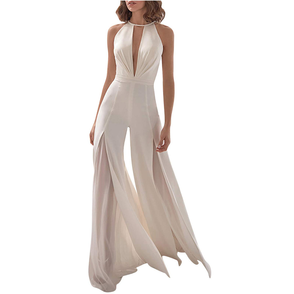 Womens Summer Casual Jumpsuits Sexy Deep V Neck Sleeveless Halter One Piece Pants Backless High Waist Wide Leg Romper