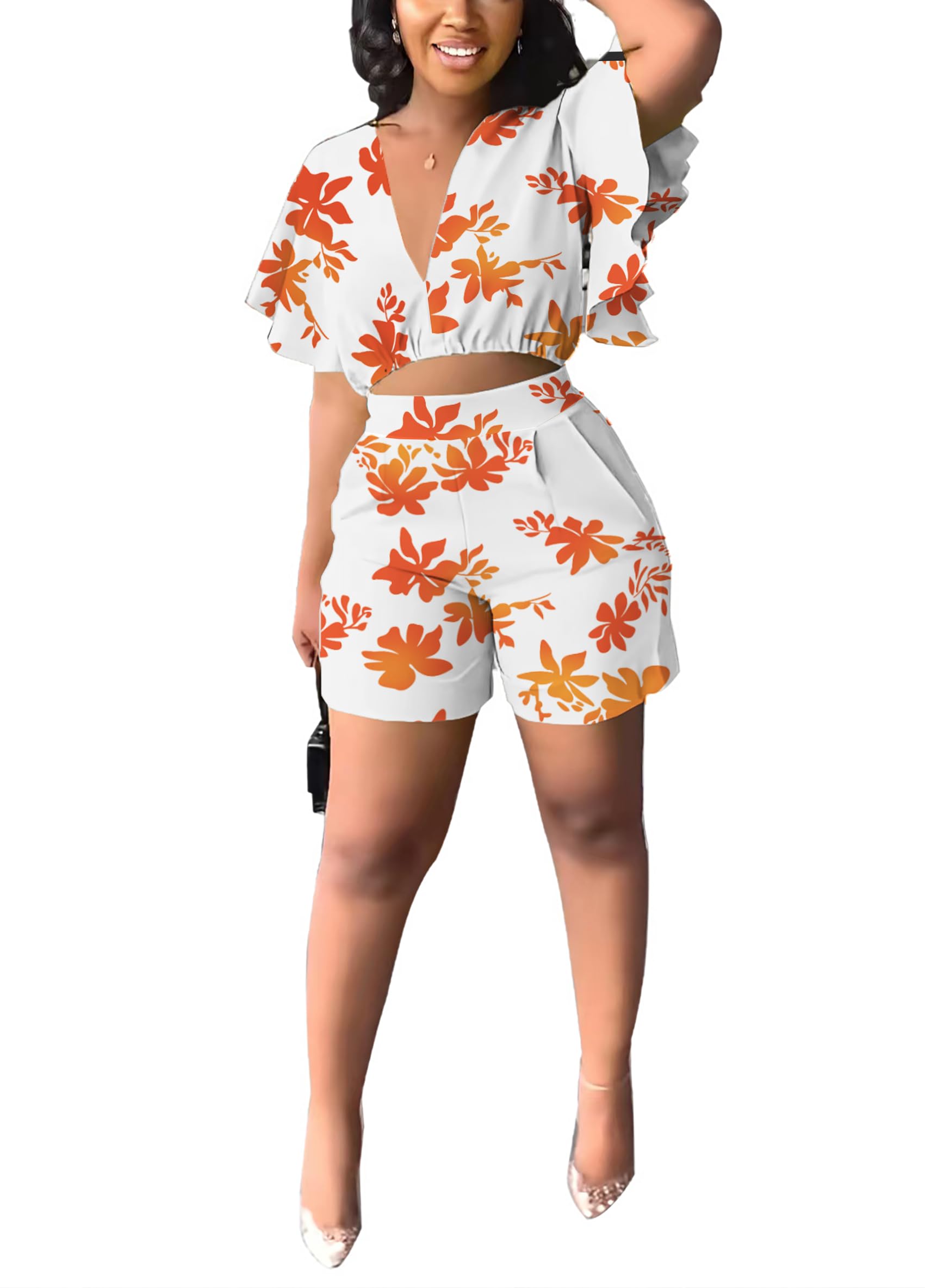 Womens Summer Two Piece Shorts Outfit Sexy Crop Top Butterfly Sleeve 2 pc Short Set Vacation Brunch Matching Set