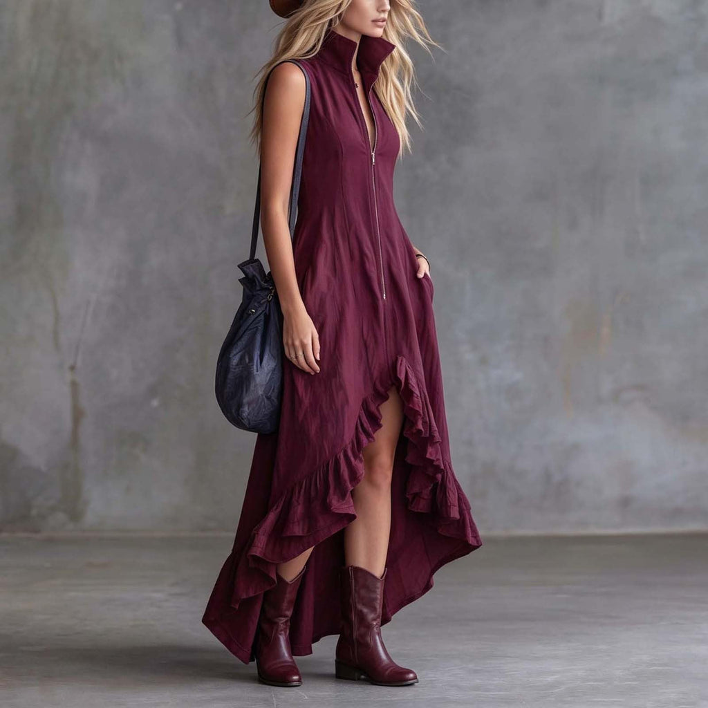 YMADREIG Boho Dresses for Women 2026 Cotton Linen Western Maxi Dress Summer Sleeveless High Low Ruffle Hem Dress with Pocket