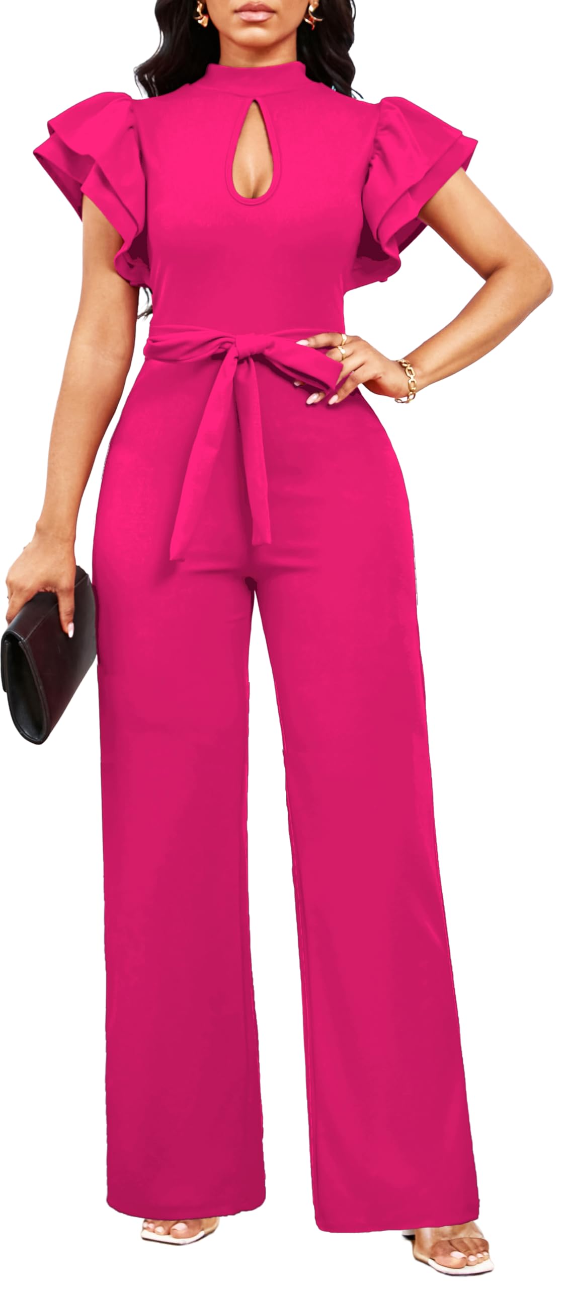 SxClub Jumpsuits for Women Dressy Formal Ruffle Long Straight Pants Jumpers | Women's Wedding Guest Jumpsuit Casual Ruffles Cap Short Sleeve Wide Leg Pants Club Outfit