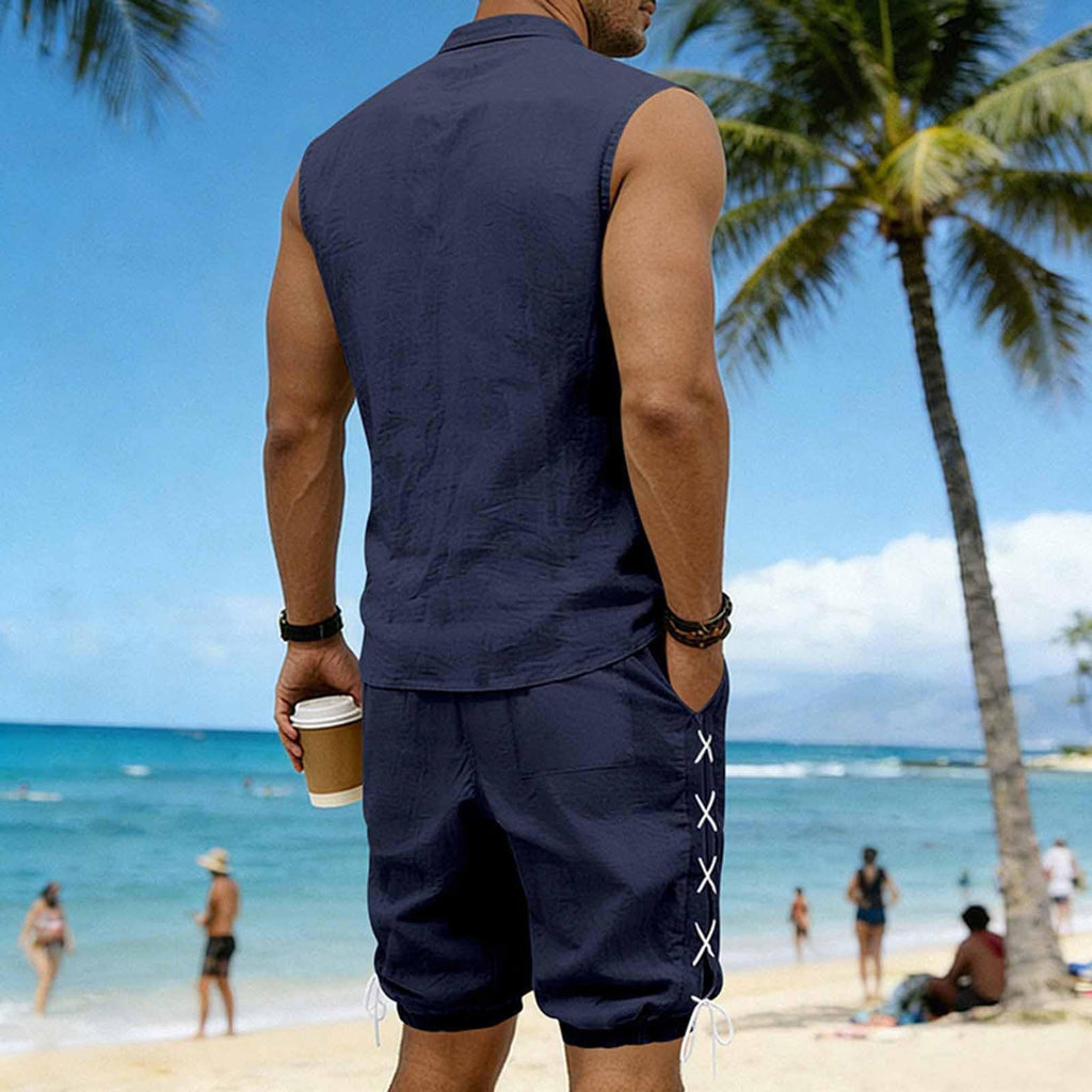 Cambkatl 2 Piece Outfits for Men Lightweight Linen Shorts Set Laceup V Neck Sleeveless Tank Top Matching Sets with Pockets