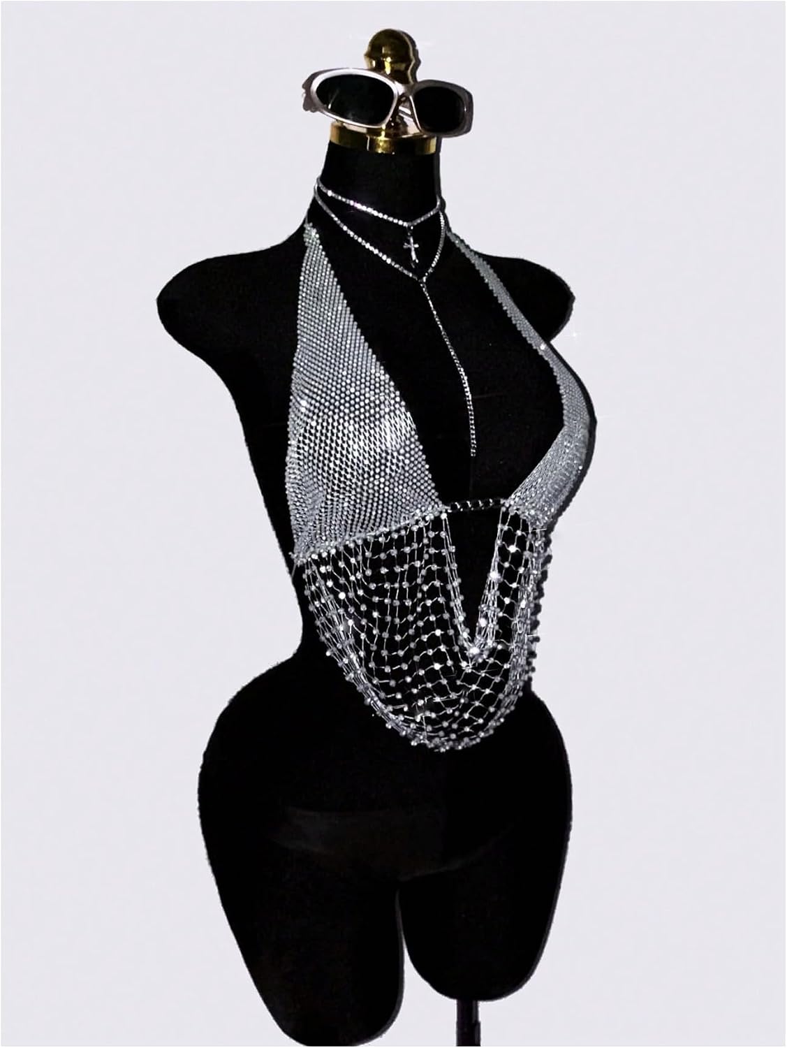 OYOANGLE Women's Metallic Rhinestone Mesh Halter Top Backless Rave Crop Top | Metallic, Rhinestone, Mesh, Halter, Sexy, Deep V Neck, Backless, Rave Top, Party Top, Club Crop Tops