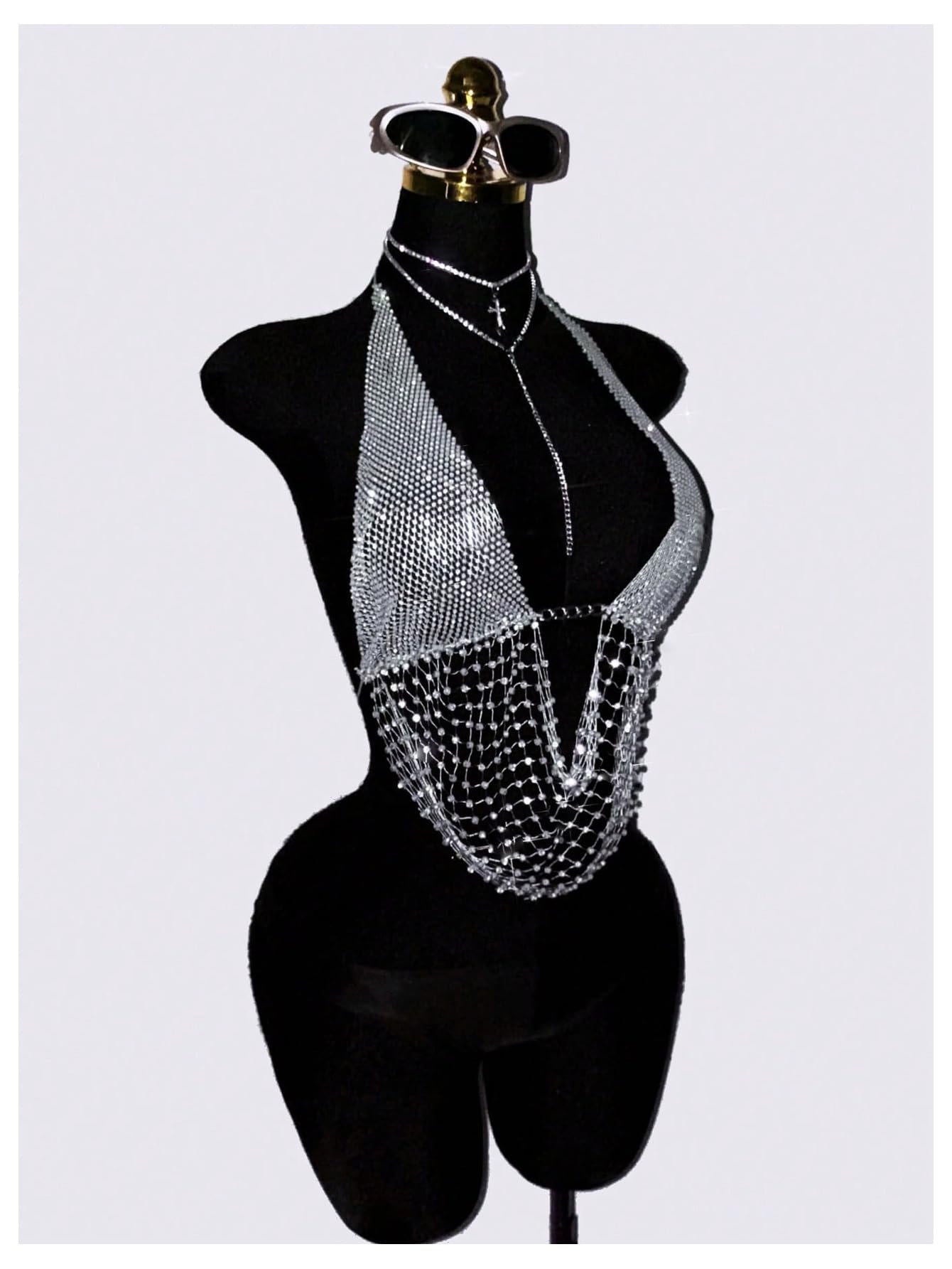 OYOANGLE Women's Metallic Rhinestone Mesh Halter Top Backless Rave Crop Top | Metallic, Rhinestone, Mesh, Halter, Sexy, Deep V Neck, Backless, Rave Top, Party Top, Club Crop Tops
