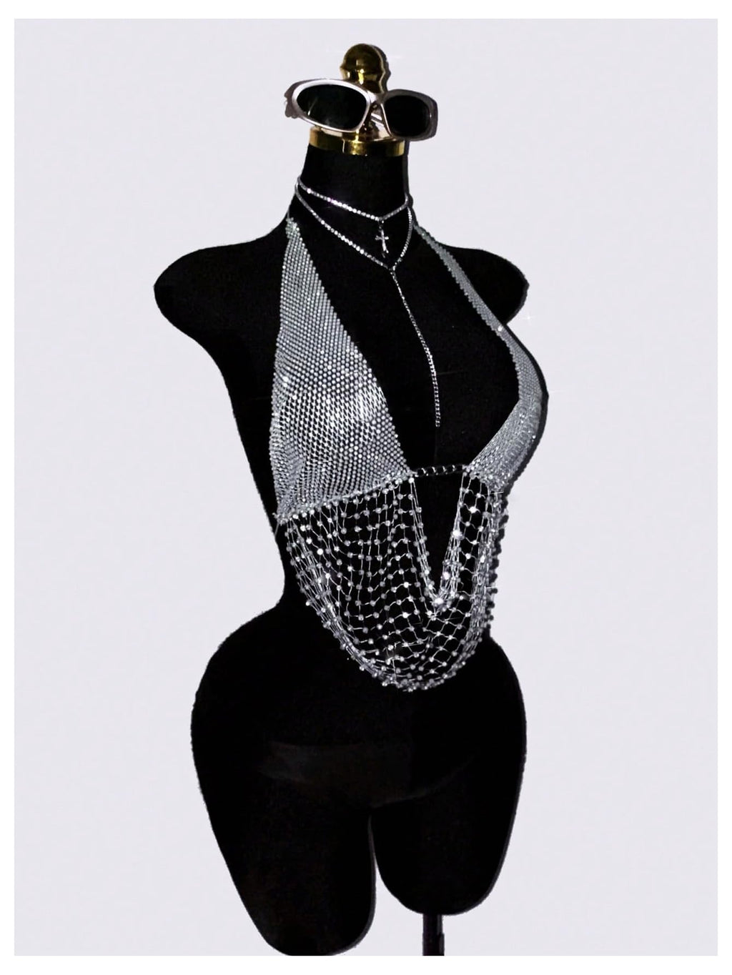 OYOANGLE Women's Metallic Rhinestone Mesh Halter Top Backless Rave Crop Top | Metallic, Rhinestone, Mesh, Halter, Sexy, Deep V Neck, Backless, Rave Top, Party Top, Club Crop Tops