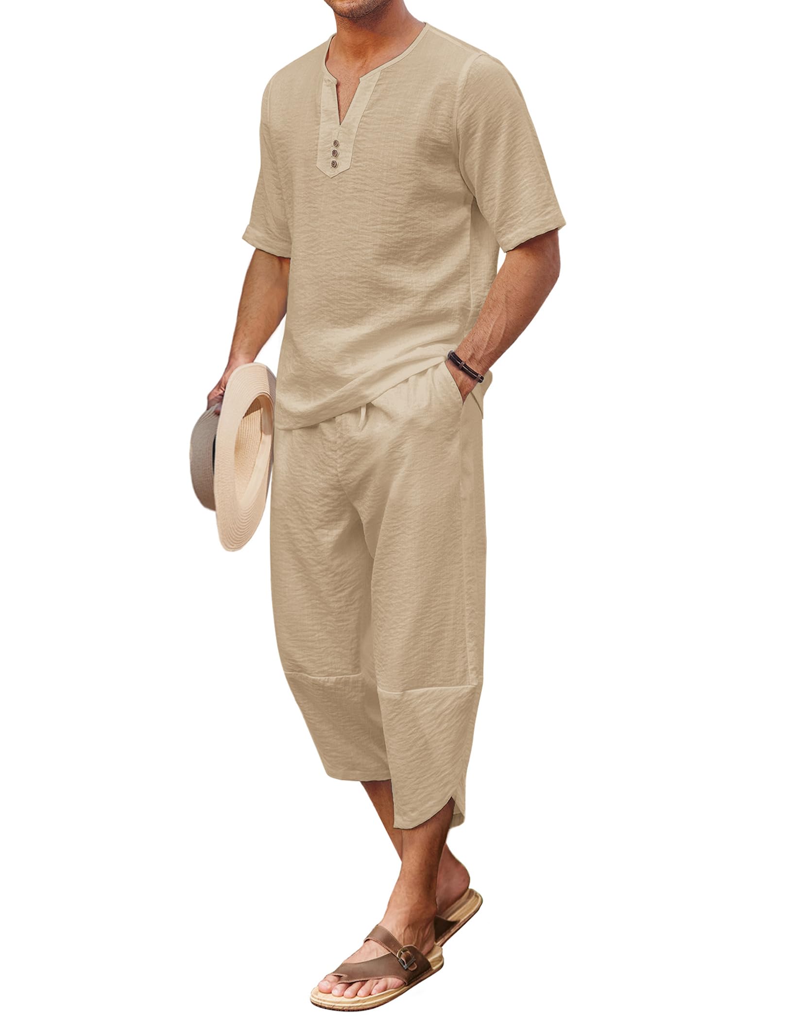 COOFANDY Men's 2 Pieces Linen Set Henley Shirt Short Sleeve and Harem Capri Pants Wide Leg Baggy Beach Yoga Trousers Outfits