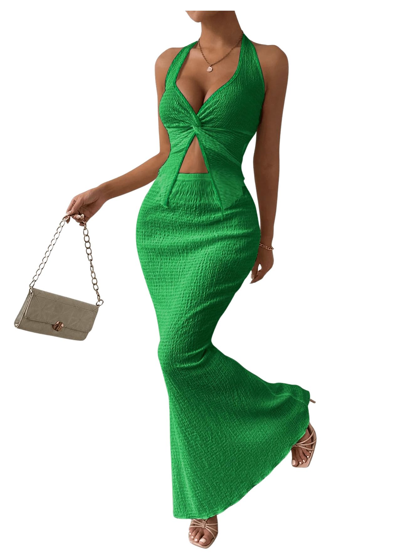 SOLY HUX Women's 2 Piece Outfit Twist Front Halter Cami Skirt Summer Set | Summer Vacation Outfits, Maxi Skirt Set
