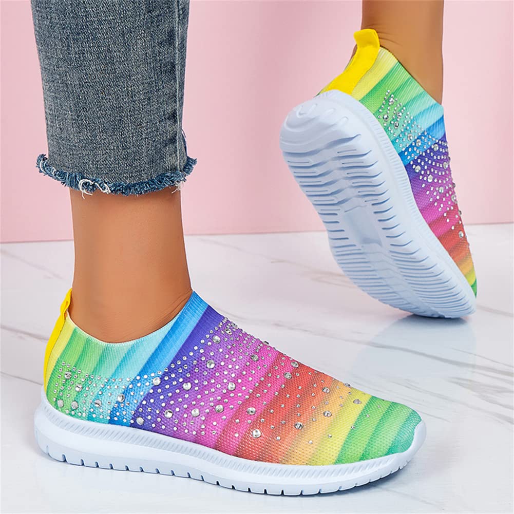 GOSPT Women's Mesh Sport Shoes Rhinestone Glitter Slip On Ballroom Jazz Latin Dance Sock Sneakers
