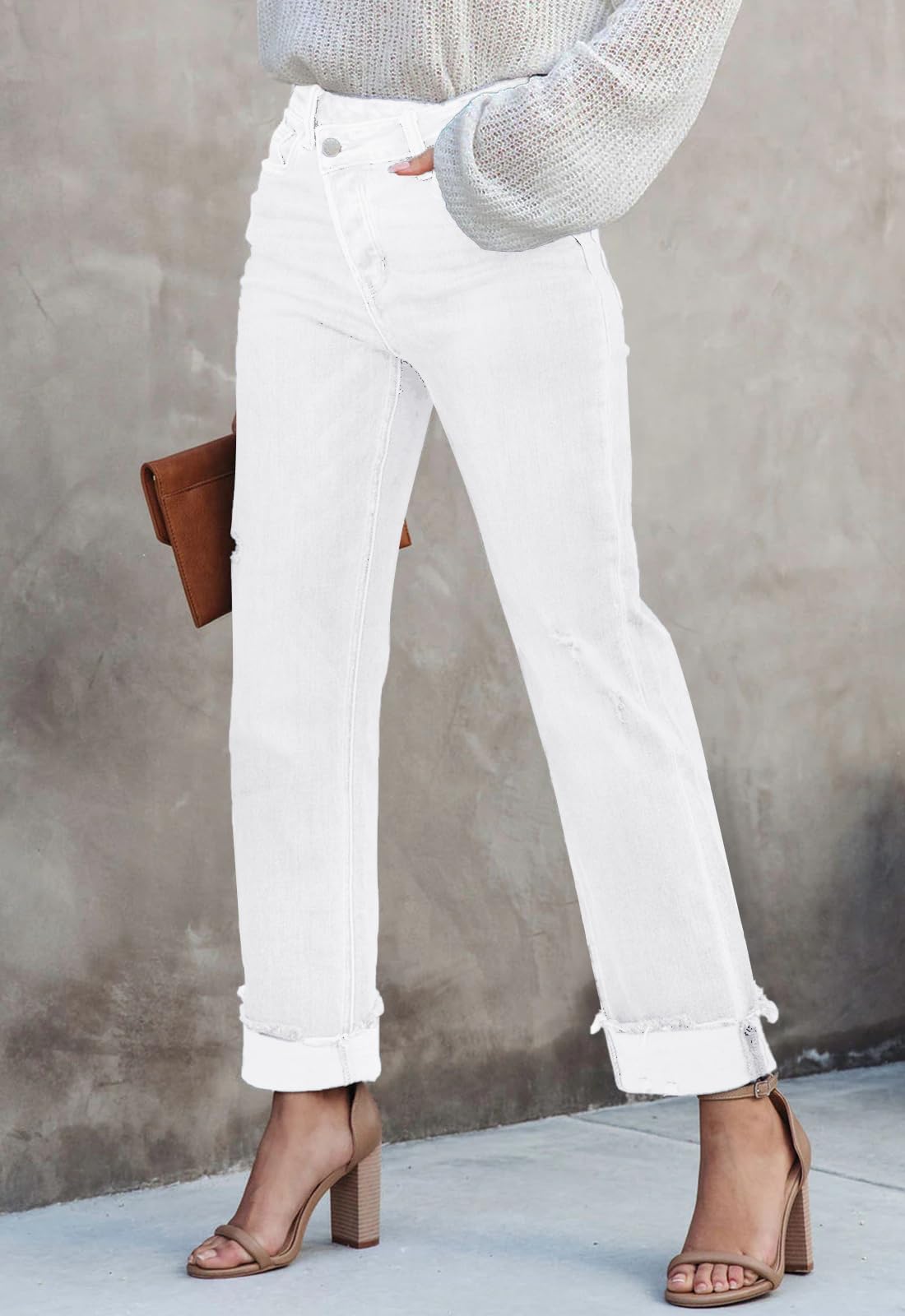 Metietila Jeans for Women Trendy High Waisted Corssover Boyfriend Jeans Distressed Stretchy Denim Pants