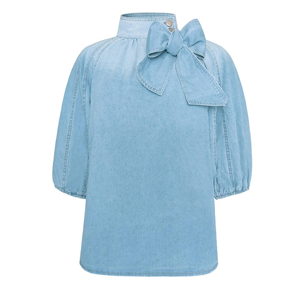 Women's Bow Design Denim Pullover Top Button Up High Neck Fashionable Jacket with Elastic and Puff Sleeves