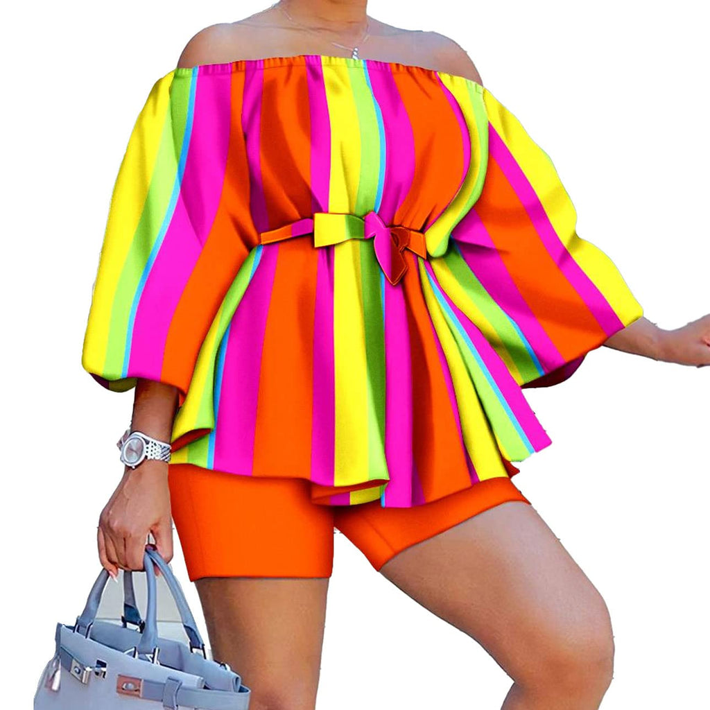 2 Piece Outfits for Women Sexy Off Shoulder Long Sleeve Plus Size Tops High Waisted Bodycon Shorts Set