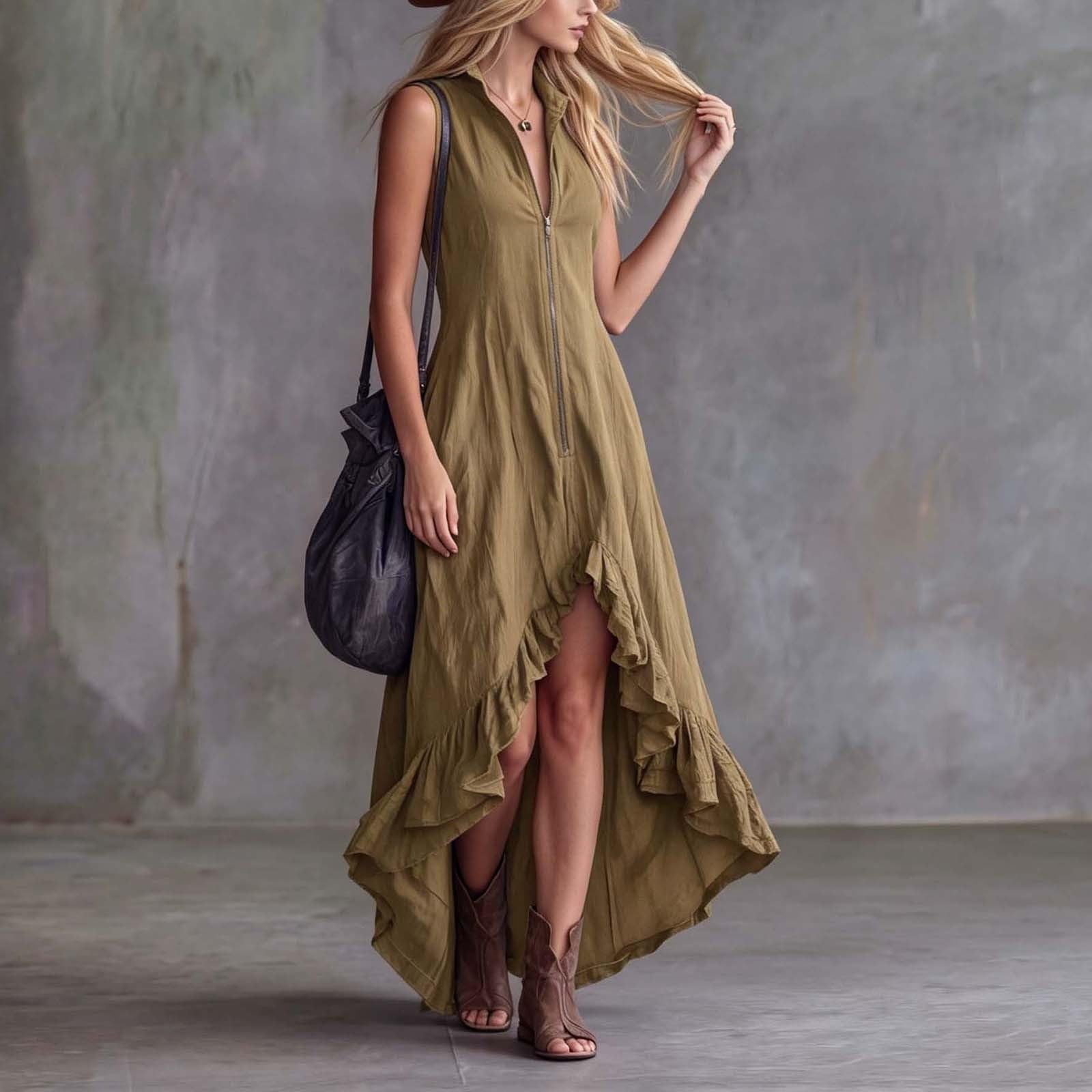 YMADREIG Boho Dresses for Women 2026 Cotton Linen Western Maxi Dress Summer Sleeveless High Low Ruffle Hem Dress with Pocket