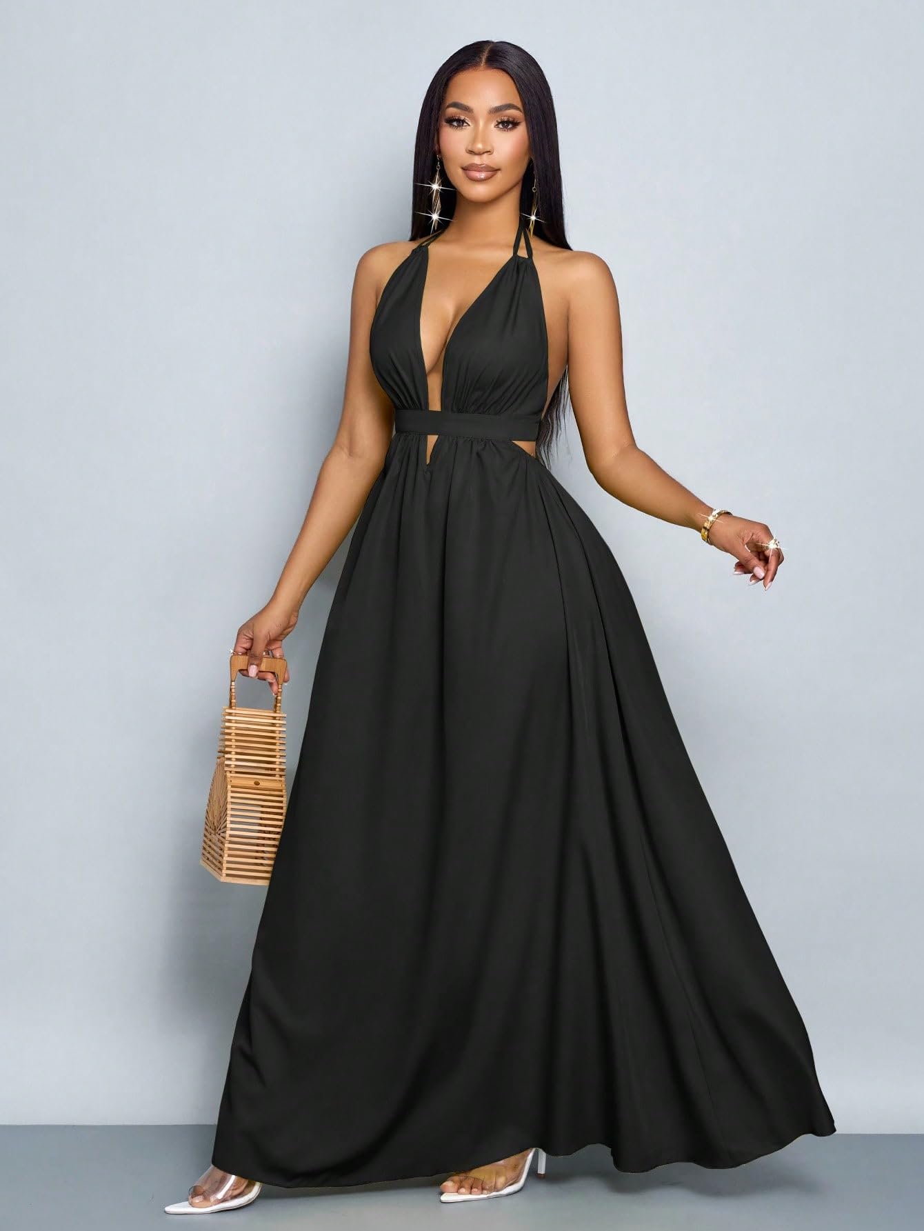 SKAYS Women's Summer Backless Tie-Waist Dress Solid Color Sexy V-Neck Beach Vacation Maxi Dress Formal Party Dress