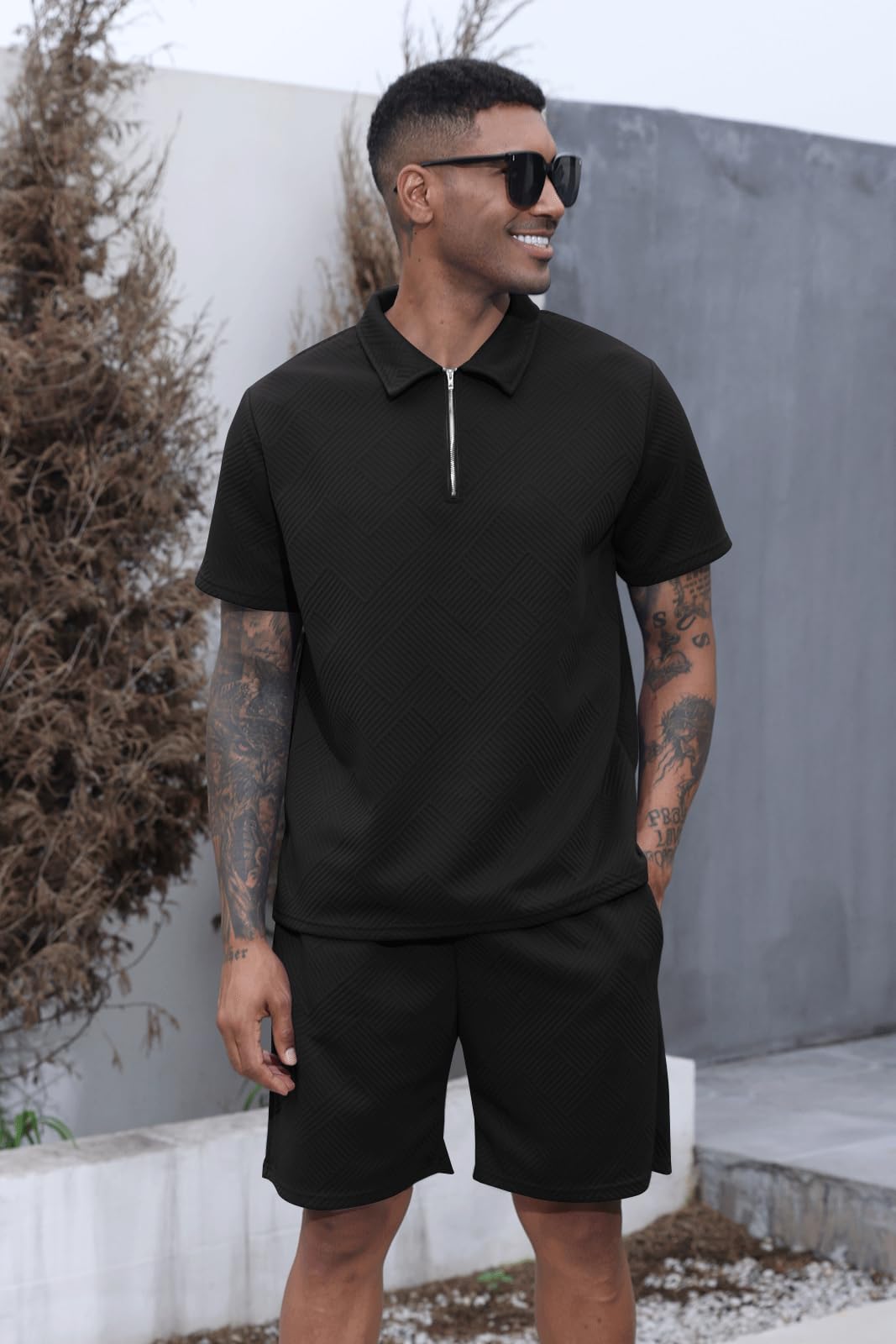 Aulemen Mens 2 Piece Zip Tracksuit Short Sleeve Set Summer Outfits for Men | Polo Shirt and Shorts Sets Activewear Short Set
