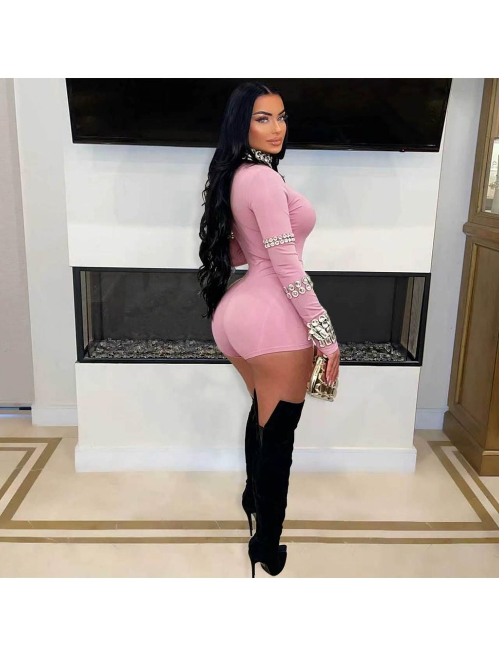 chicyes Women's Jumpsuits Sexy Long Sleeve Date Night Rompers Rhinestone Sparkly Party Club Spring Outfits Fall Concert