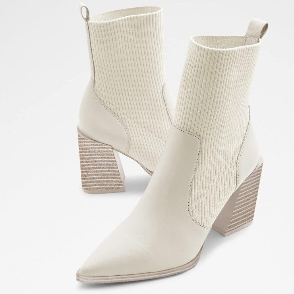 Womens Chunky Stacked Heel Ankle Boots Pointed Toe Booties Slip On Ribbed Knit Sock Boot