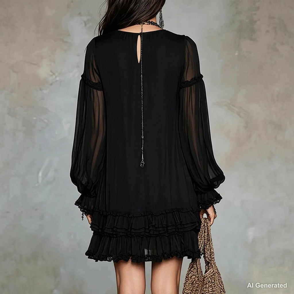 Women's Vintage Boho Chiffon Dress Navy Blue Baroque Print High Neck Irregular Lantern Sleeve Dress Casual Party Vacation