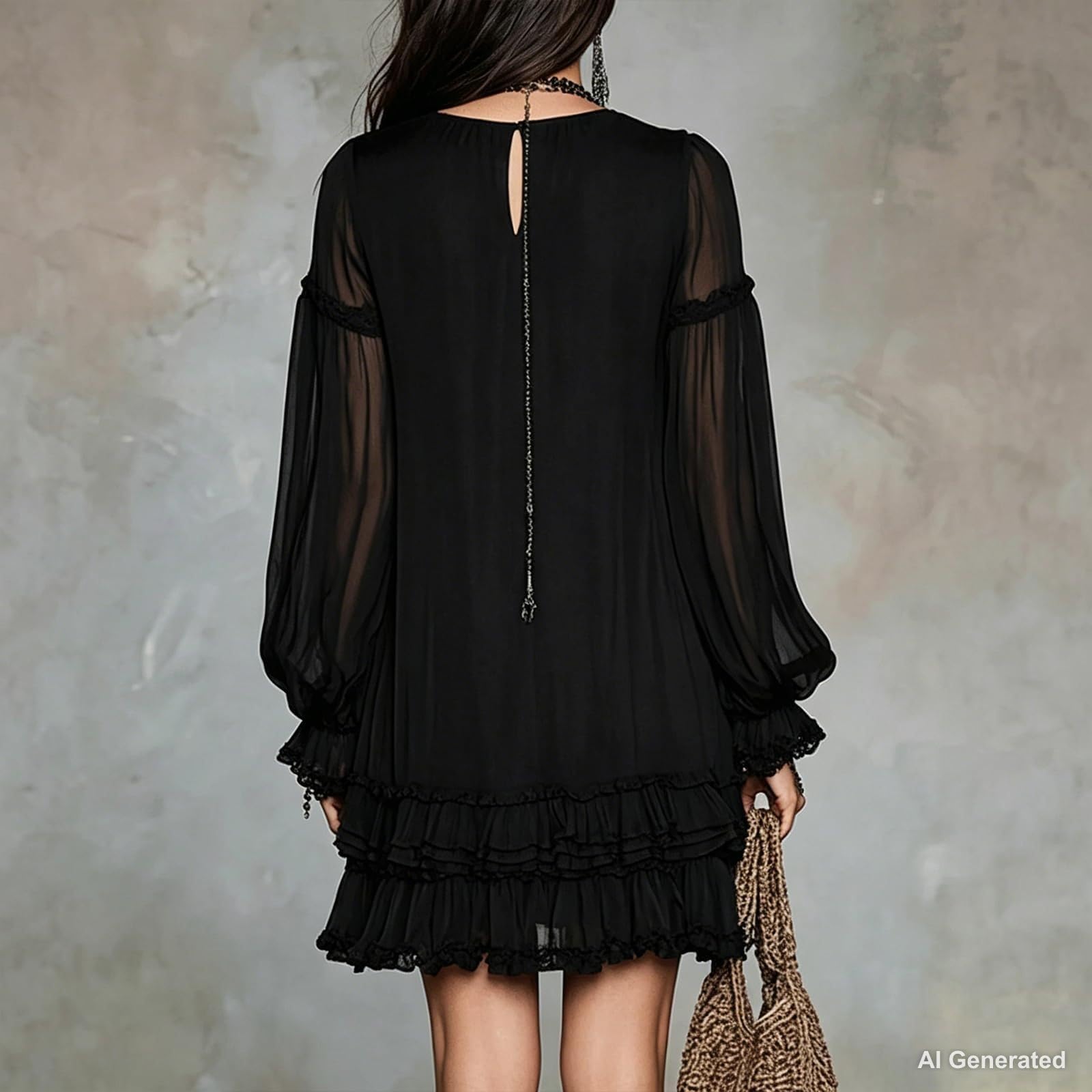 Women's Vintage Boho Chiffon Dress Navy Blue Baroque Print High Neck Irregular Lantern Sleeve Dress Casual Party Vacation