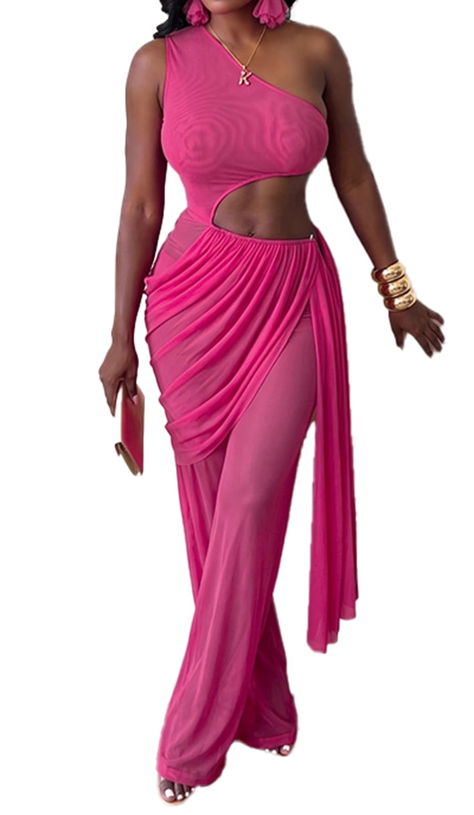 Sexy Jumpsuits for Women Cutout Sheer Mesh One Shoulder Draped Ruched Wrap One Piece Club Outfits for Women