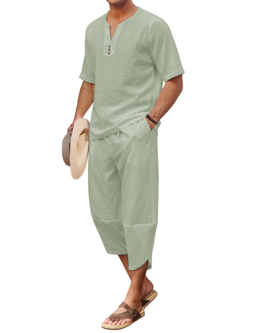 COOFANDY Men's 2 Pieces Linen Set Henley Shirt Short Sleeve and Harem Capri Pants Wide Leg Baggy Beach Yoga Trousers Outfits