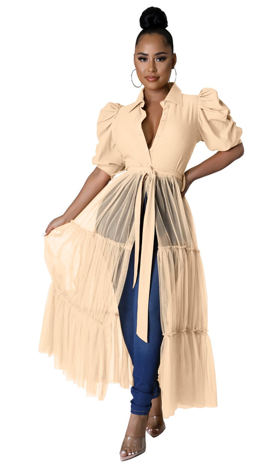 Ekaliy Women's Ruffle Blouse Shirt Asymmetrical Tunic Dress with Belt | Short sleeve,Bodycon,Ruffle,Club ,Party outfits,Asymmetrical Irregular Hem,Tops Blouse Shirt Dress